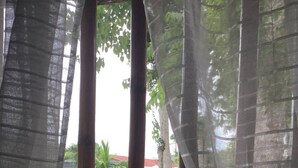 Una finestra con tende leggere, un ventilatore visibile e vista su un giardino con alberi e fiori.