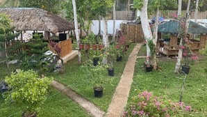 Un giardino con una struttura a tetto di paglia, piante in vaso e un vialetto.