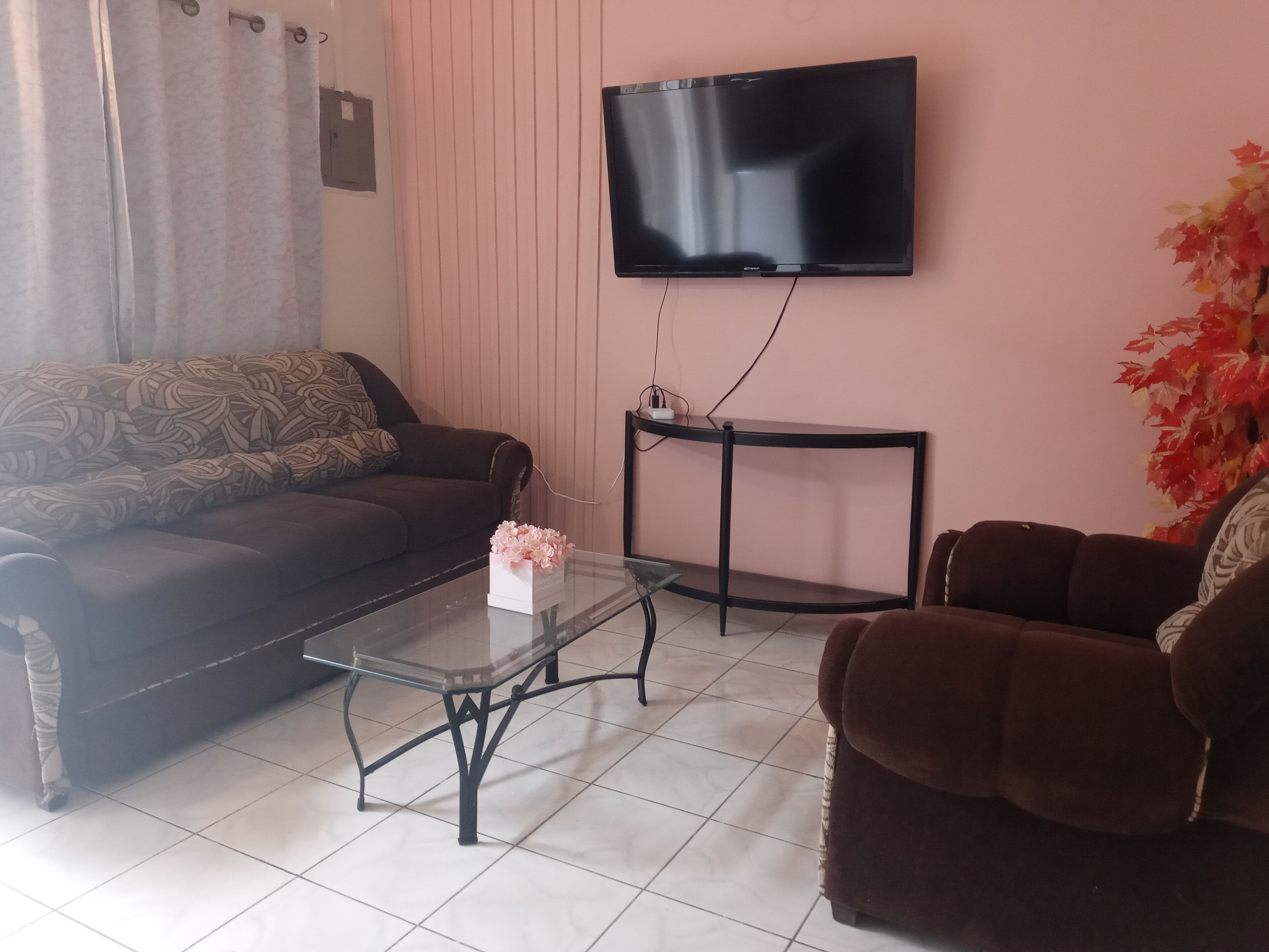 A living room with a dark brown sofa, a glass coffee table with a pink flower vase, a black TV on the wall, and a small black side table.