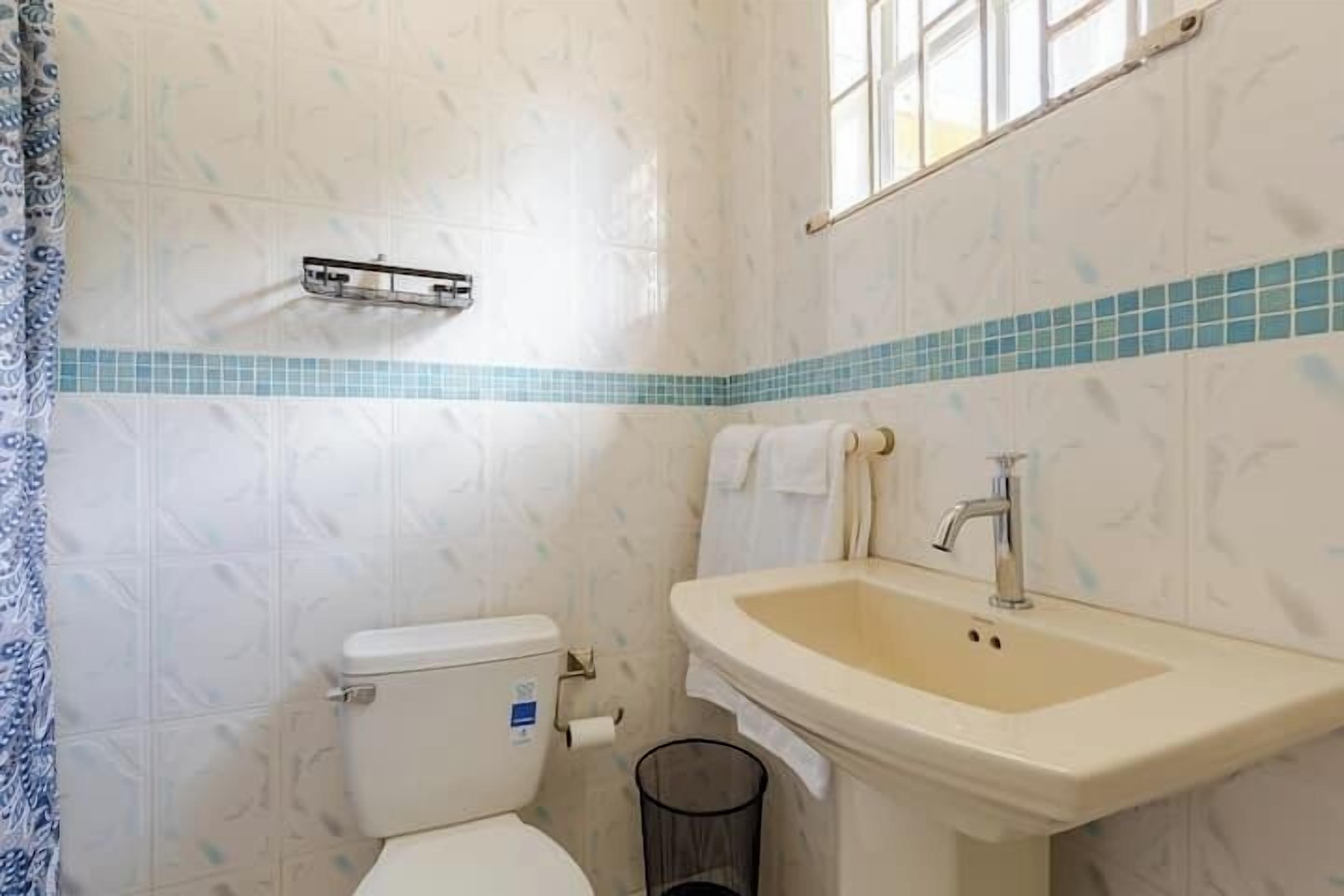 A bathroom with a toilet, sink, and a window.