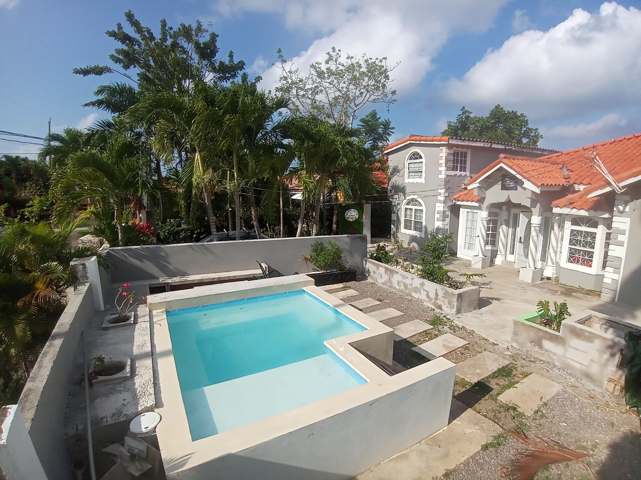 Una piscina rectangular con borde de baldosas, rodeada por un muro bajo y abundante vegetación.