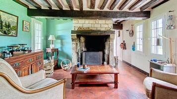 Televisie, een open haard en boeken