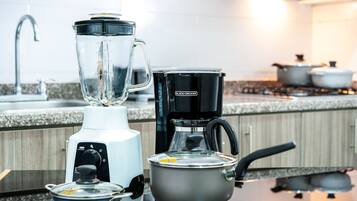 Fridge, microwave, blender, coffee grinder