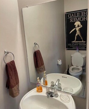 Toalhas de banho, sabonete, shampoo, papel higiênico