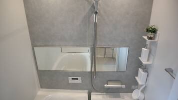 Hair dryer, towels, soap, shampoo