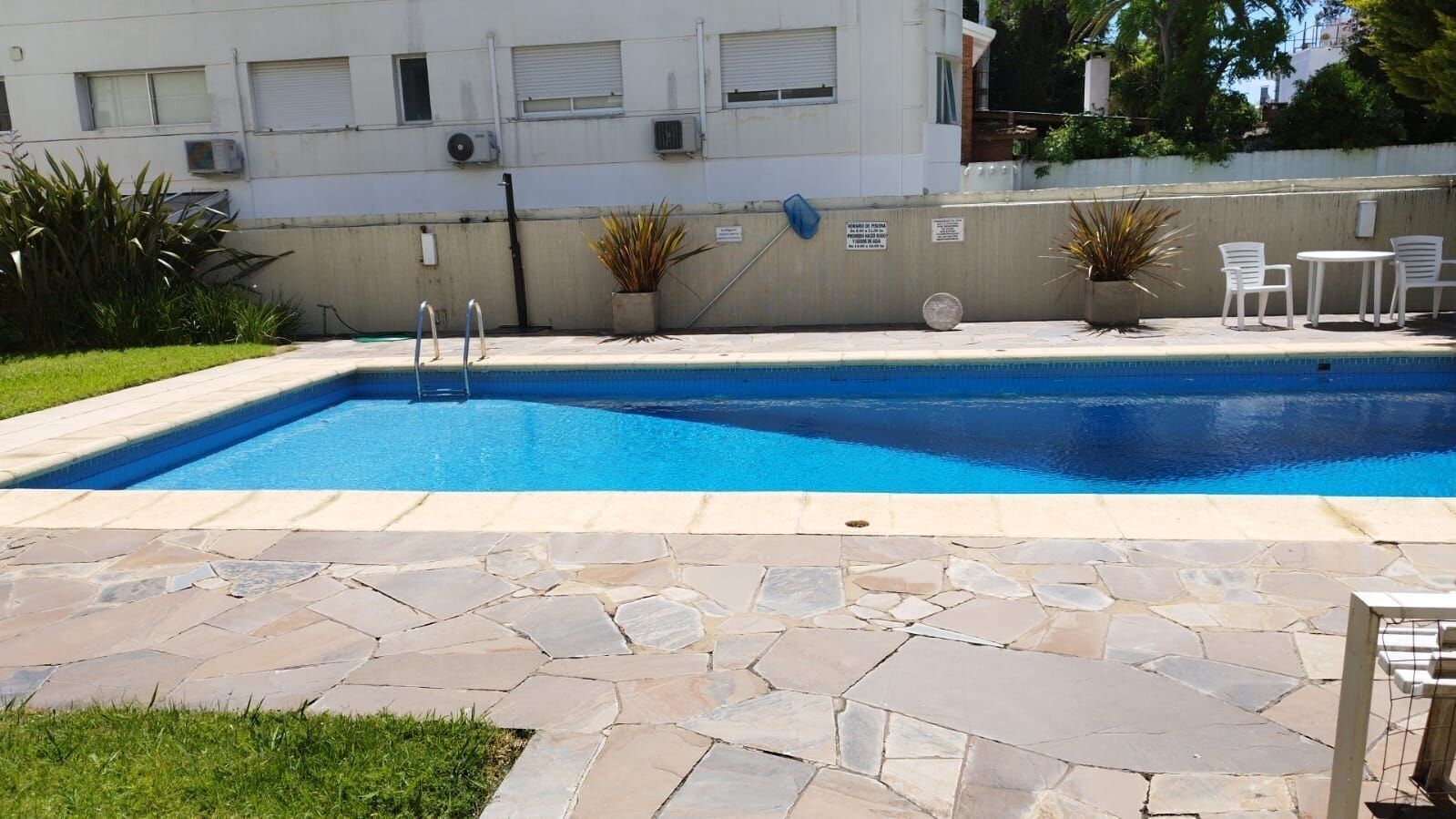 A rectangular swimming pool with a stone border, surrounded by a grassy area and potted plants.