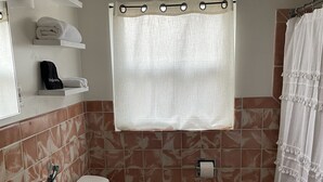 Une salle de bain équipée d’un lavabo, de toilettes et d’un rideau de douche.