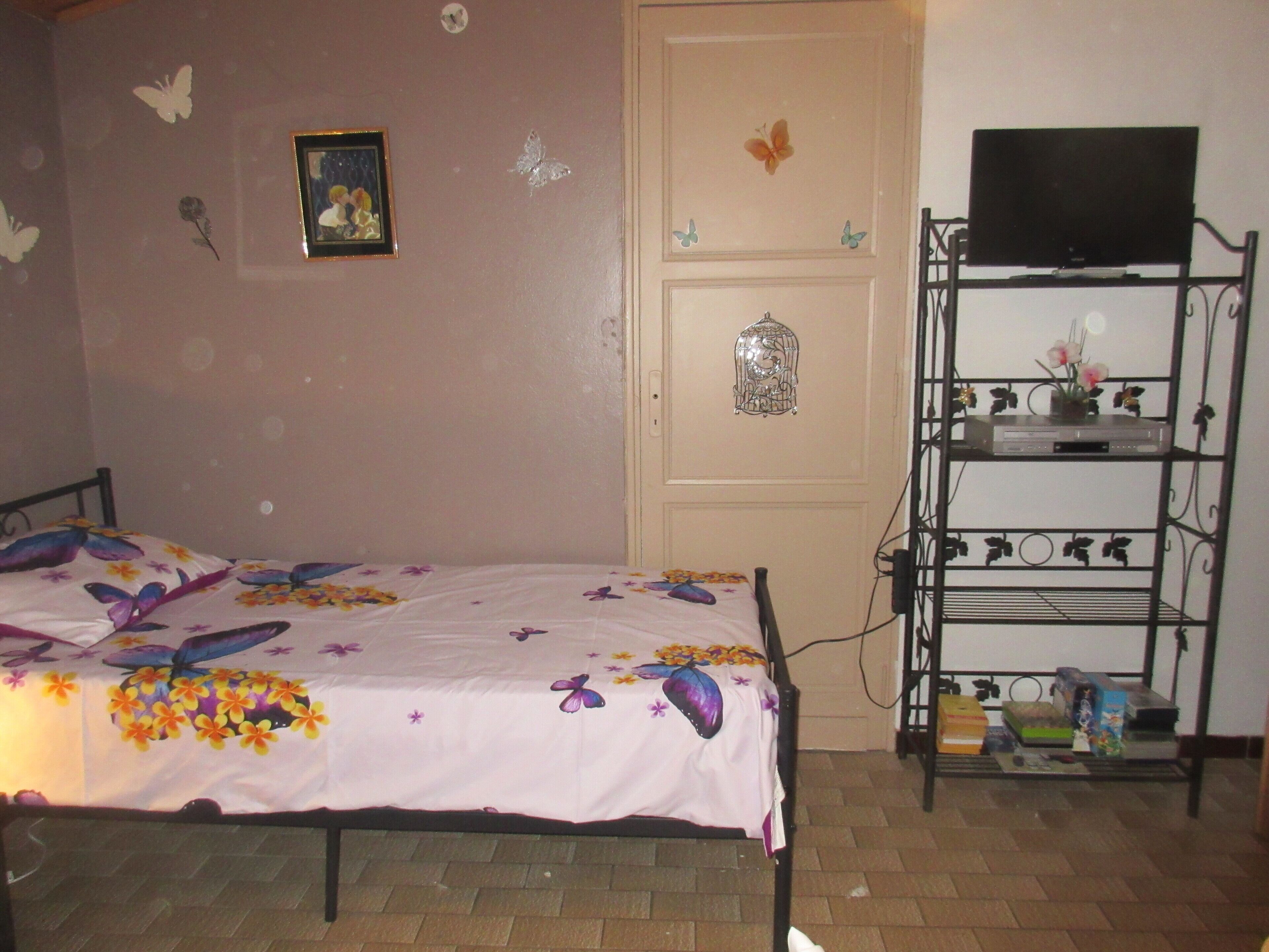 A bedroom with a bed, a TV on a shelf, and a door with a birdcage decoration.