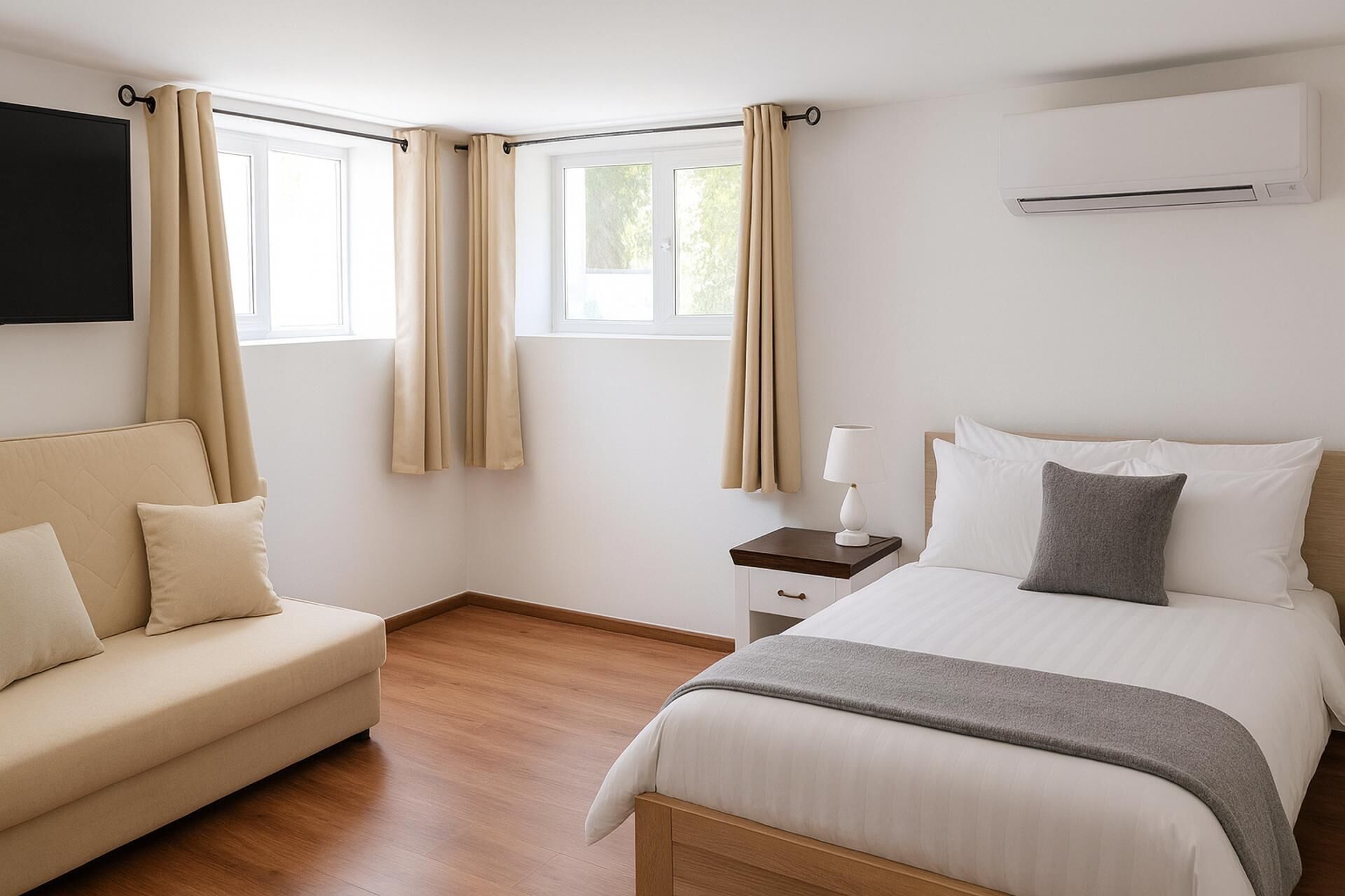 Une chambre d’hôtel équipée d’un lit, d’un canapé, d’une table de chevet avec une lampe et d’un appareil de climatisation.