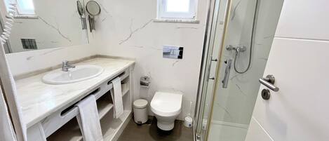 A modern bathroom with a glass-enclosed shower, a sink, and a toilet.