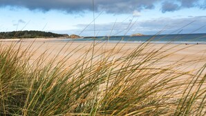 A beach with sand and grass in the foreground, a body of water, and a cloudy sky. - Sarah 3 - Appt à avec jardin à 200 m de la plage (Fréhel)