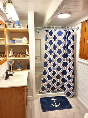 Shower, hair dryer, soap