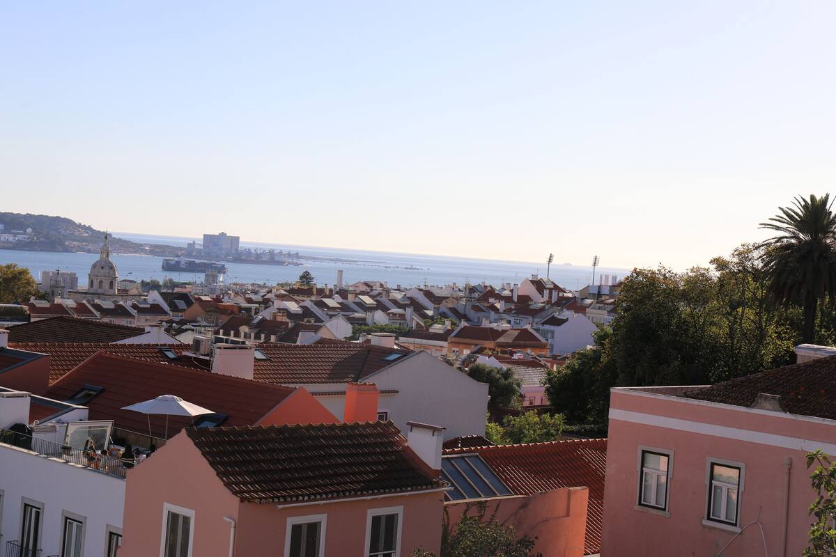 A coastal cityscape with terraced houses, a prominent dome structure, and a view of the sea.