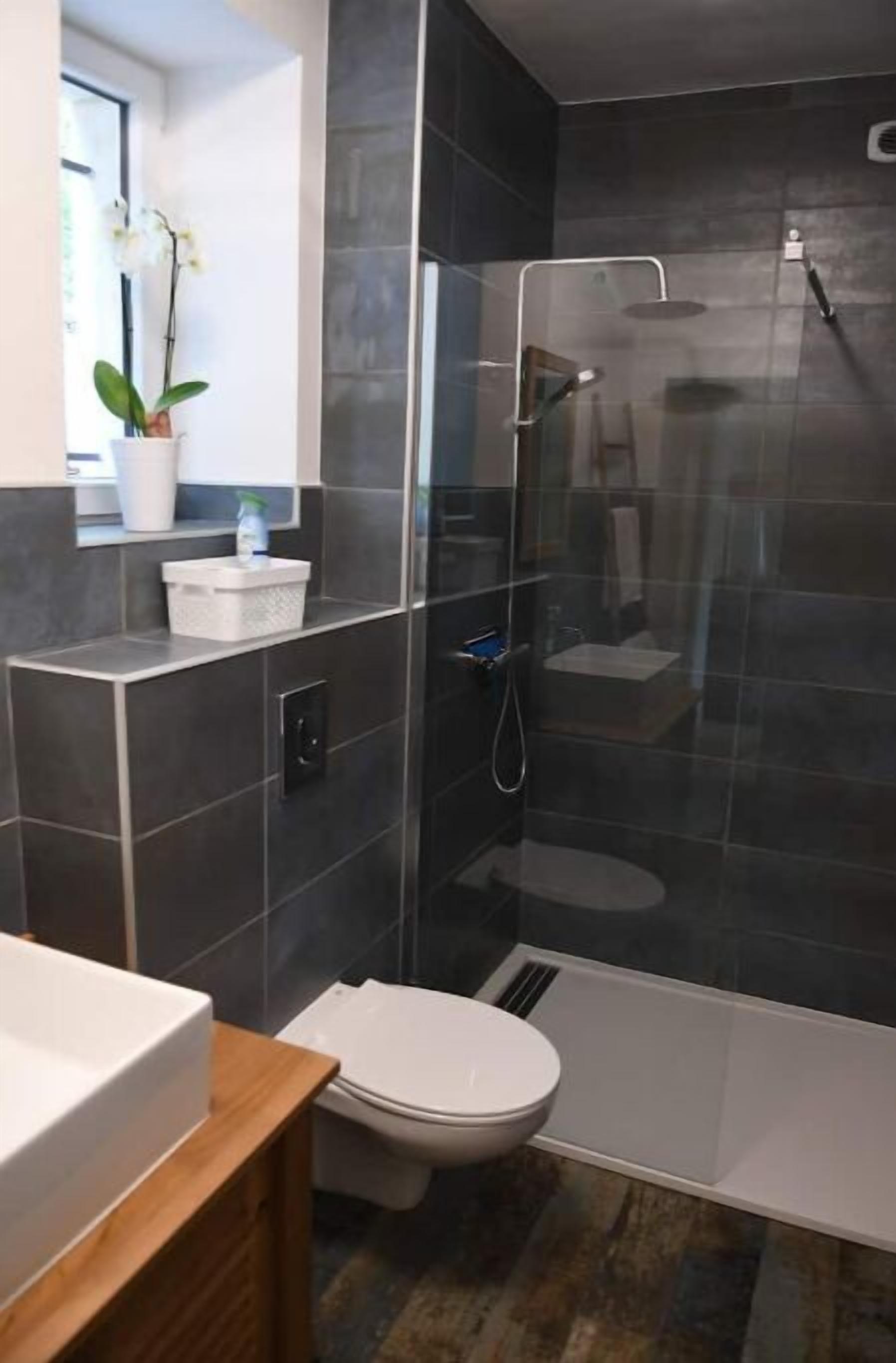A modern bathroom with a glass-enclosed shower, a white toilet, and a wooden vanity.