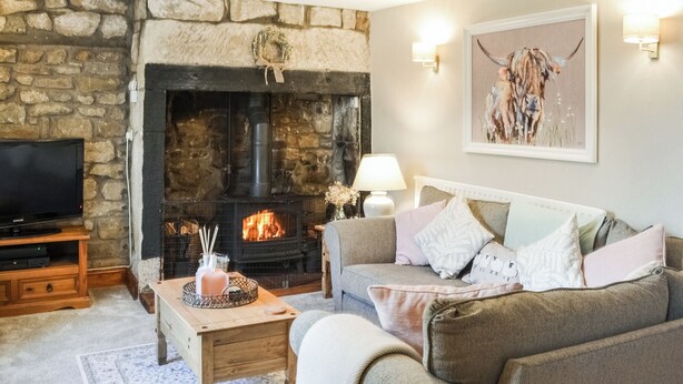 A cozy living room with a stone fireplace, a television, and a comfortable sofa. - 2 bedroom accommodation in East Woodburn (East Woodburn)