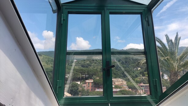 Un tragaluz con marco verde y vista a un paisaje verde con edificios.
