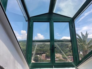 A skylight with a green frame and a view of a green landscape with buildings. - Fantattik loft - private park near the beach -... (Monterosso al Mare)
