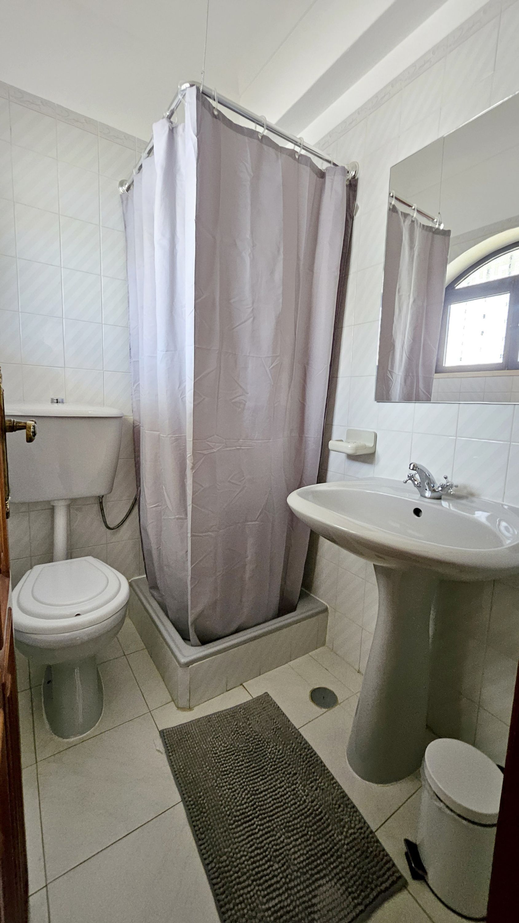Une salle de bain équipée de toilettes, d’un lavabo, d’une douche et d’un miroir.