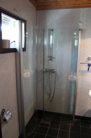 A glass-enclosed shower with a handheld showerhead and a wall-mounted faucet. - Lofoten Camp Storfjord (Vestvågøy)