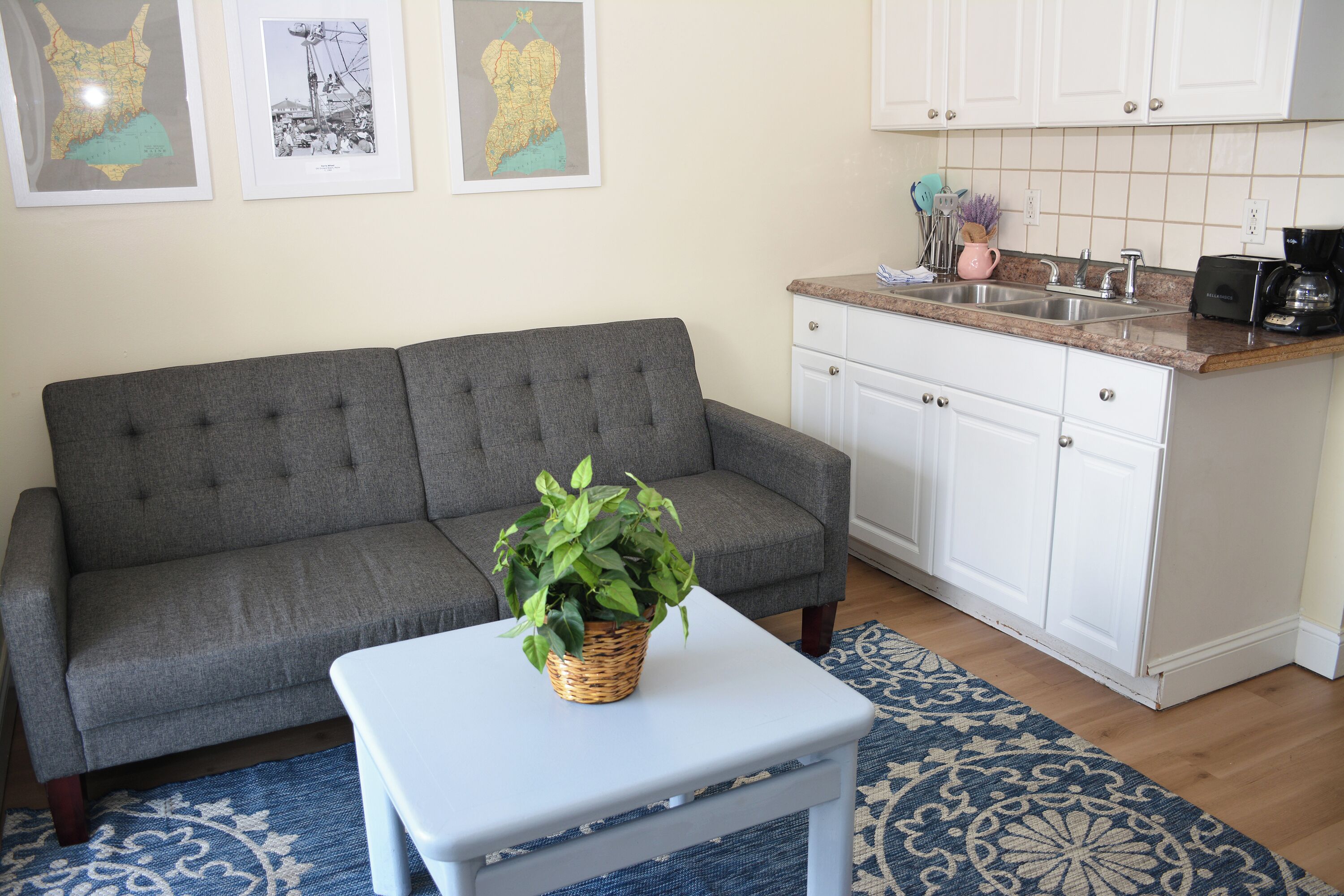A living room with a grey sofa, a small white table with a plant, and a kitchen area with white cabinets and a granite countertop.