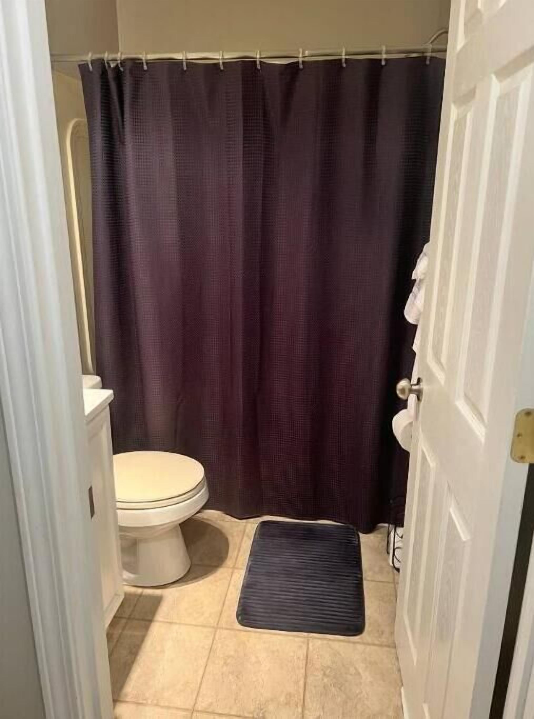 Un baño pequeño con inodoro, una cortina de ducha oscura y una alfombra pequeña en el suelo.
