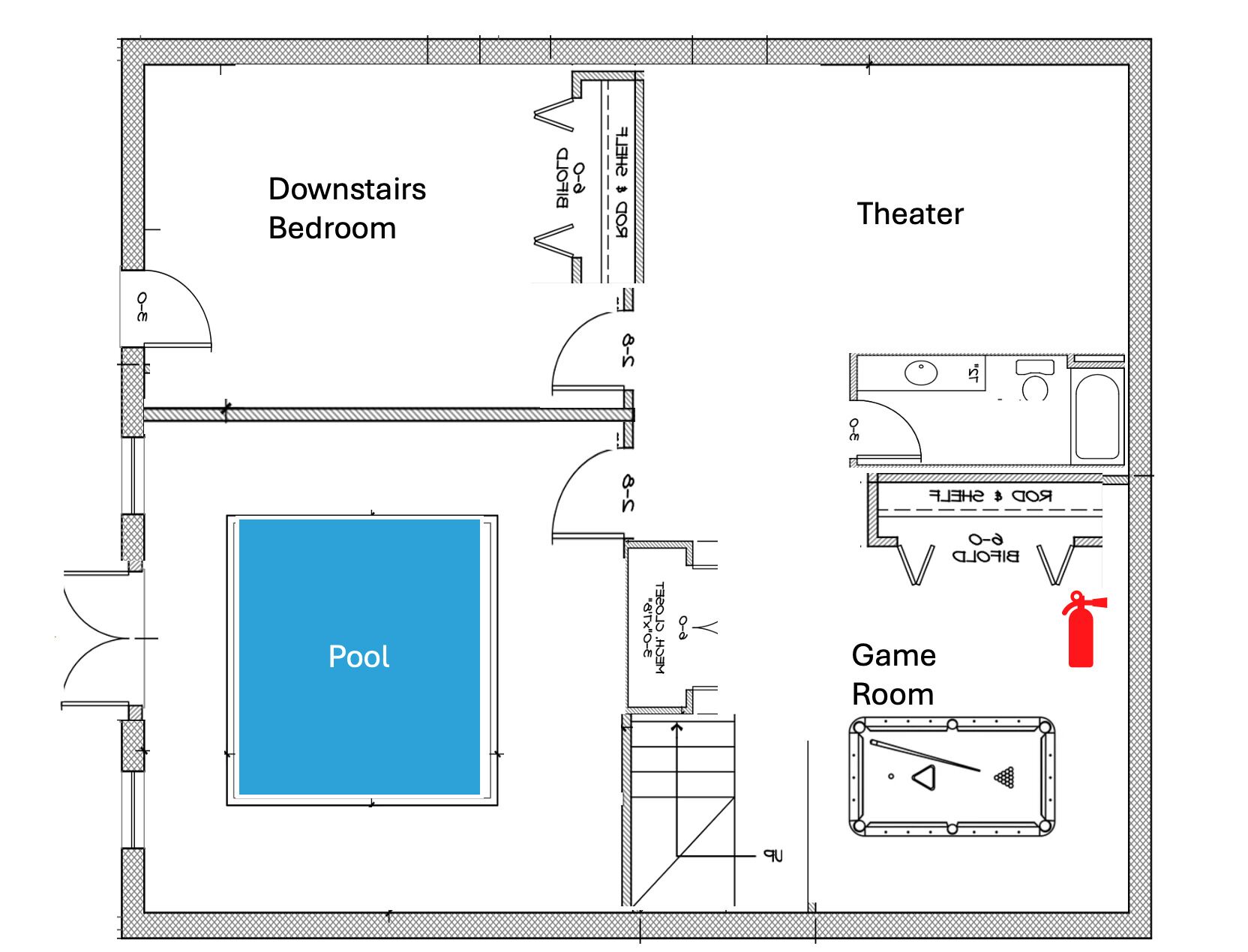 A floor plan with a pool, downstairs bedroom, theater, and game room.