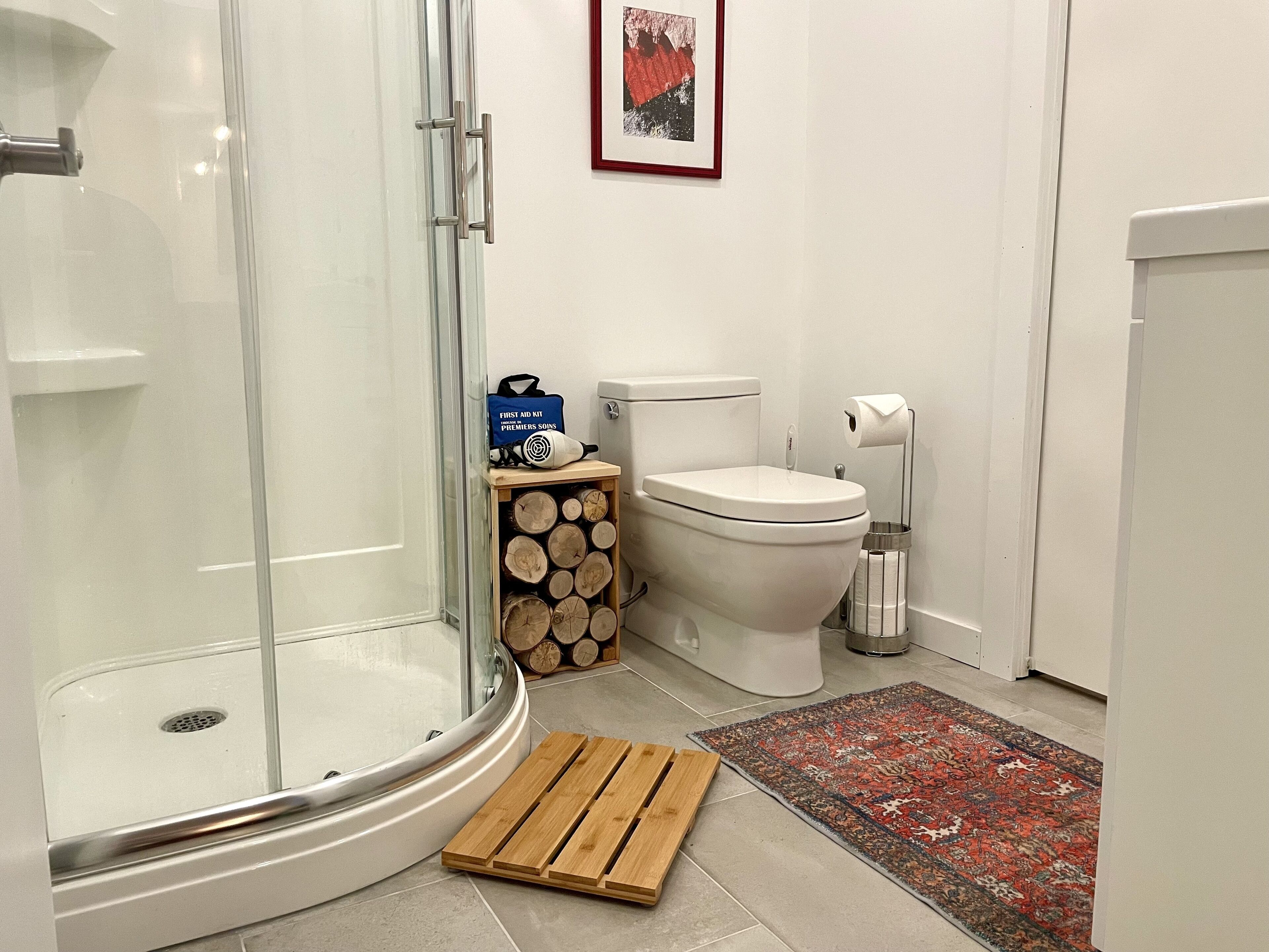 Une salle de bain avec une douche à parois de verre, des toilettes, une trousse de premiers secours et un tapis décoratif.