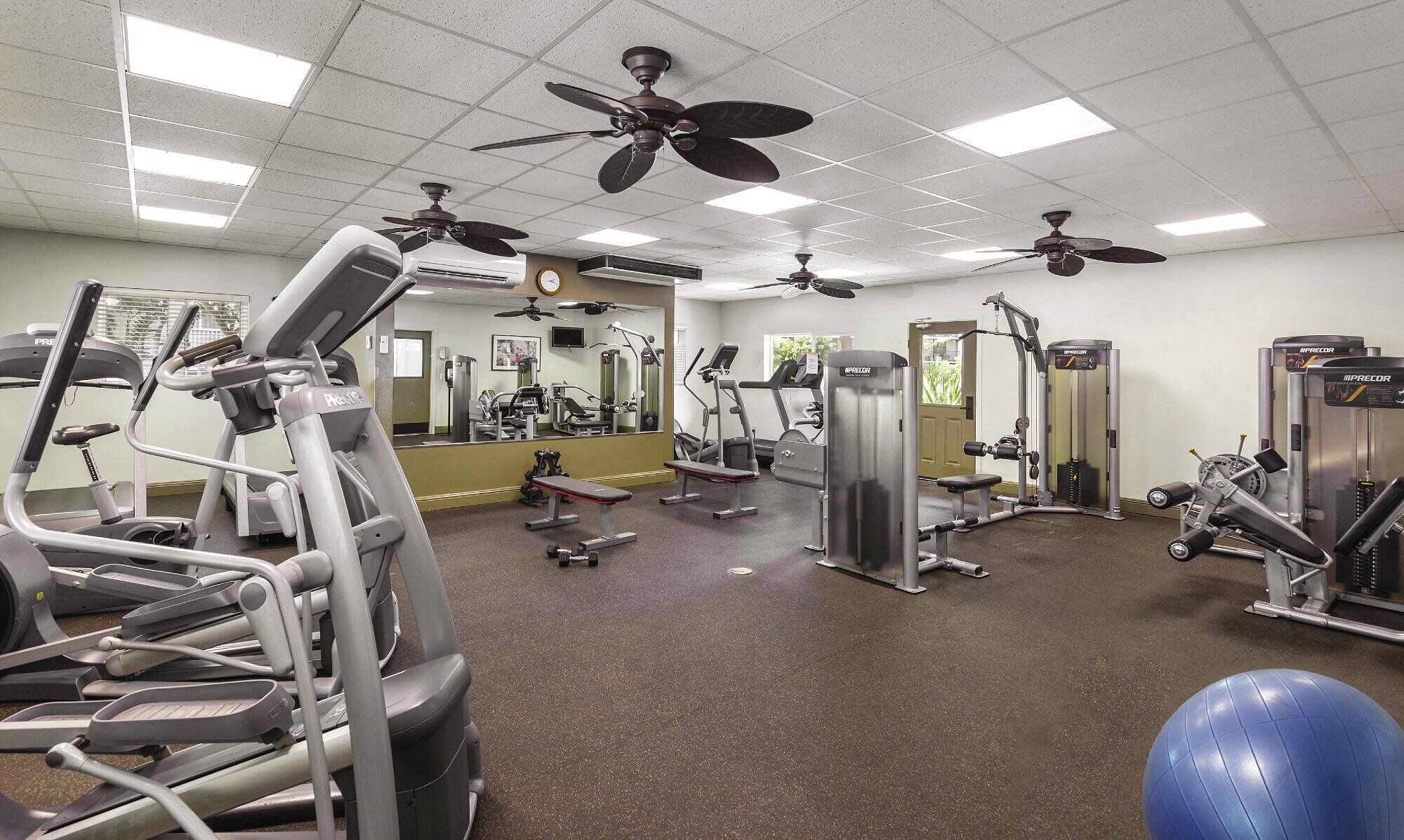 A gym with various exercise equipment, ceiling fans, and a large mirror.