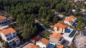 A residential area with houses featuring red-tiled roofs, surrounded by dense pine forests.