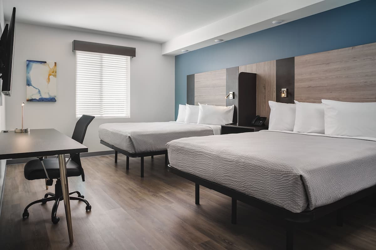 1 bedroom, desk, laptop workspace, blackout curtains