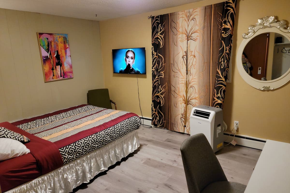 A hotel room with a bed, a chair, a television, curtains, a mirror, and an air conditioner.