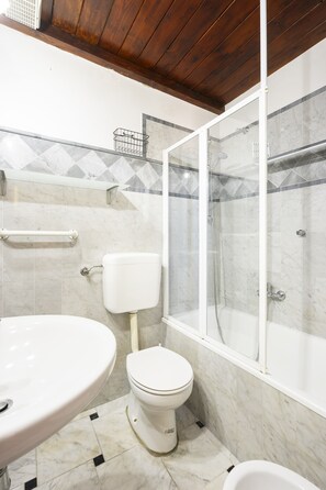 Shower, hair dryer, bidet, towels