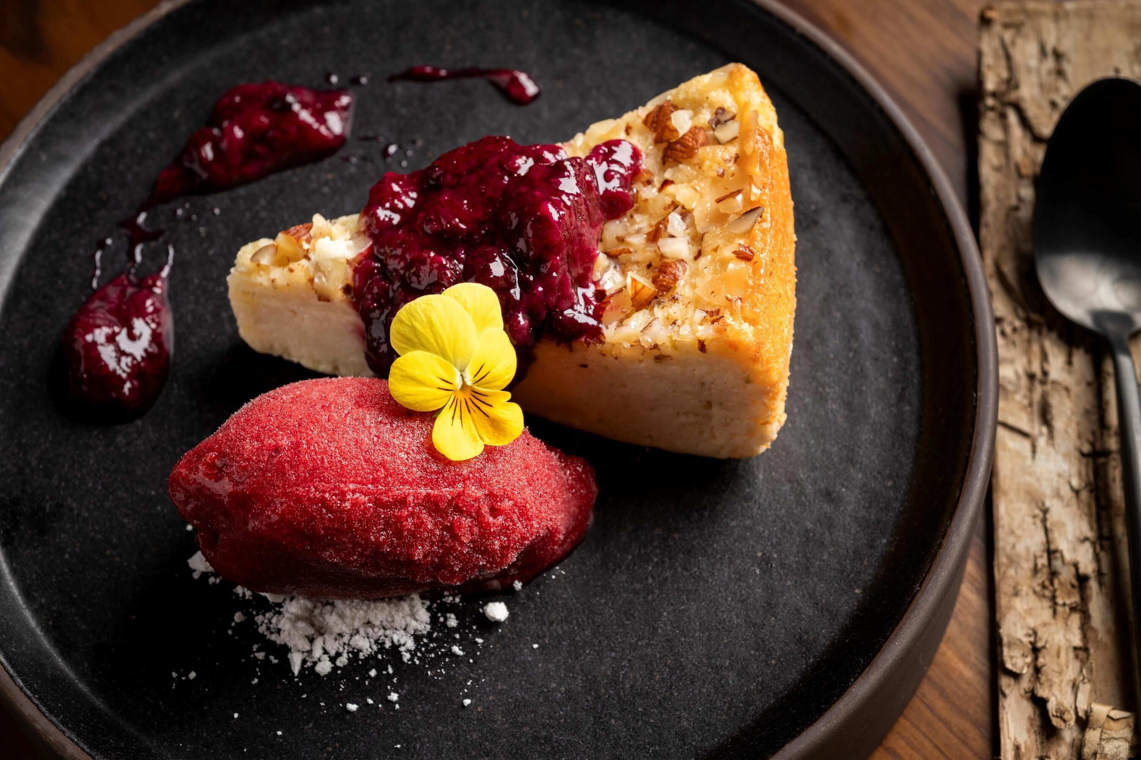 Un plato de postre con una porción de pastel, una bola de helado rojo y salsa de frutos rojos.