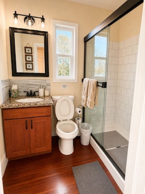 Shower, jetted tub, hair dryer, towels