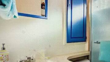 Chuveiro, secador de cabelo, toalhas de banho, sabonete