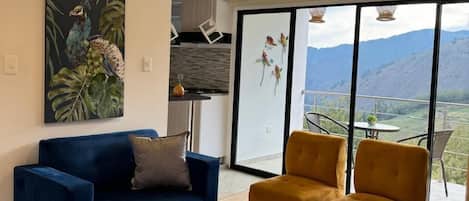 Family Cabin, 1 Bedroom, Mountain View | Living area | 56-inch LED TV with cable channels, fireplace