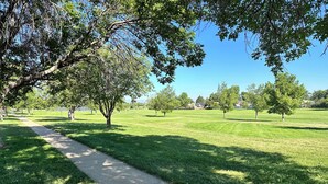 Un parque con un sendero pavimentado, césped verde y árboles.
