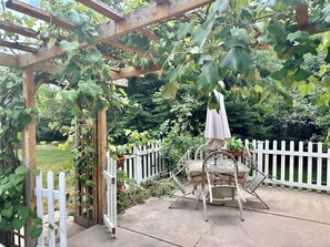 Eine hölzerne Pergola mit Weinreben, ein weißes Ziergitter und ein Terrassentisch mit Stühlen.