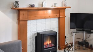 Een woonkamer met een open haard, een televisie en een bank.