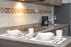 Kühlschrank, Mikrowelle, Herdplatte, Wasserkocher mit Kaffee-/Teezubehör