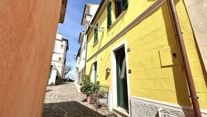 Une rue étroite bordée d’immeubles jaunes, avec un pavé de pierre et des volets verts.