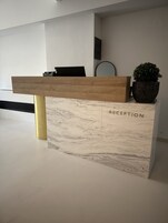 Balcão de recepção com bancada de mármore e painel de madeira, uma planta em vaso e um laptop sobre a mesa.