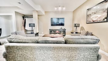 Smart TV, fireplace, books