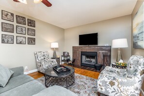 Smart TV, fireplace, books