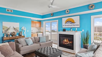 Smart TV, fireplace, books