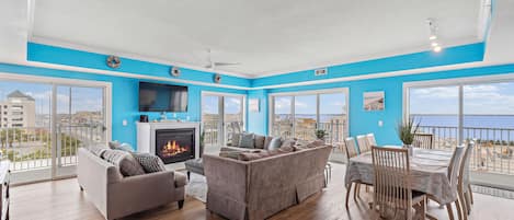 Smart TV, fireplace, books