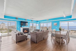 Smart TV, fireplace, books