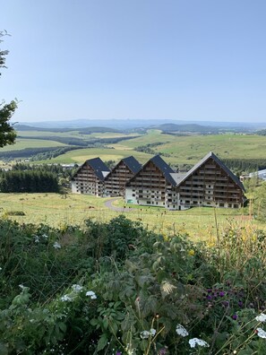 Eine Reihe Holzhütten mit Balkonen, eingebettet in ein üppiges, grünes Tal mit sanften Hügeln in der Ferne.