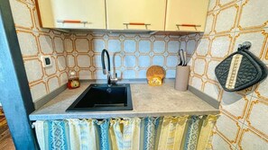 A kitchen with a sink, a small decorative item on the counter, and a towel rack.