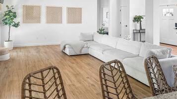 Smart TV, fireplace, books